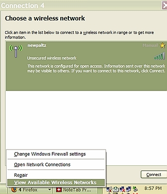 The newpaltz wireless connection in the selection box