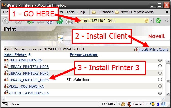 IPP web page showing what to click on to set up printing