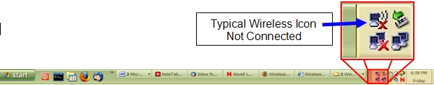 the wireless connector icon is by the clock it looks like a monitor with waves by it